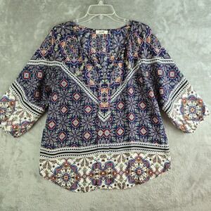 Meraki Top Womens Large Blue Geometric Popover V Neck 3/4 Sleeve‎ Boho Cottage